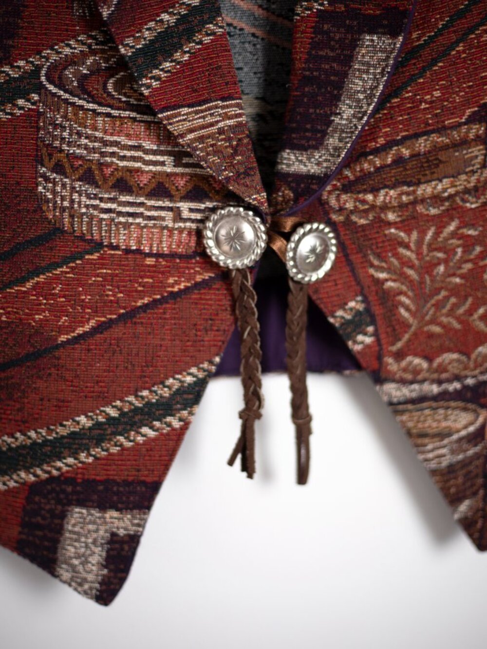 Vintage 90s Southwestern Tapestry Vest | Concho Buttons + Braided Leather Tie - Picture 3 of 8
